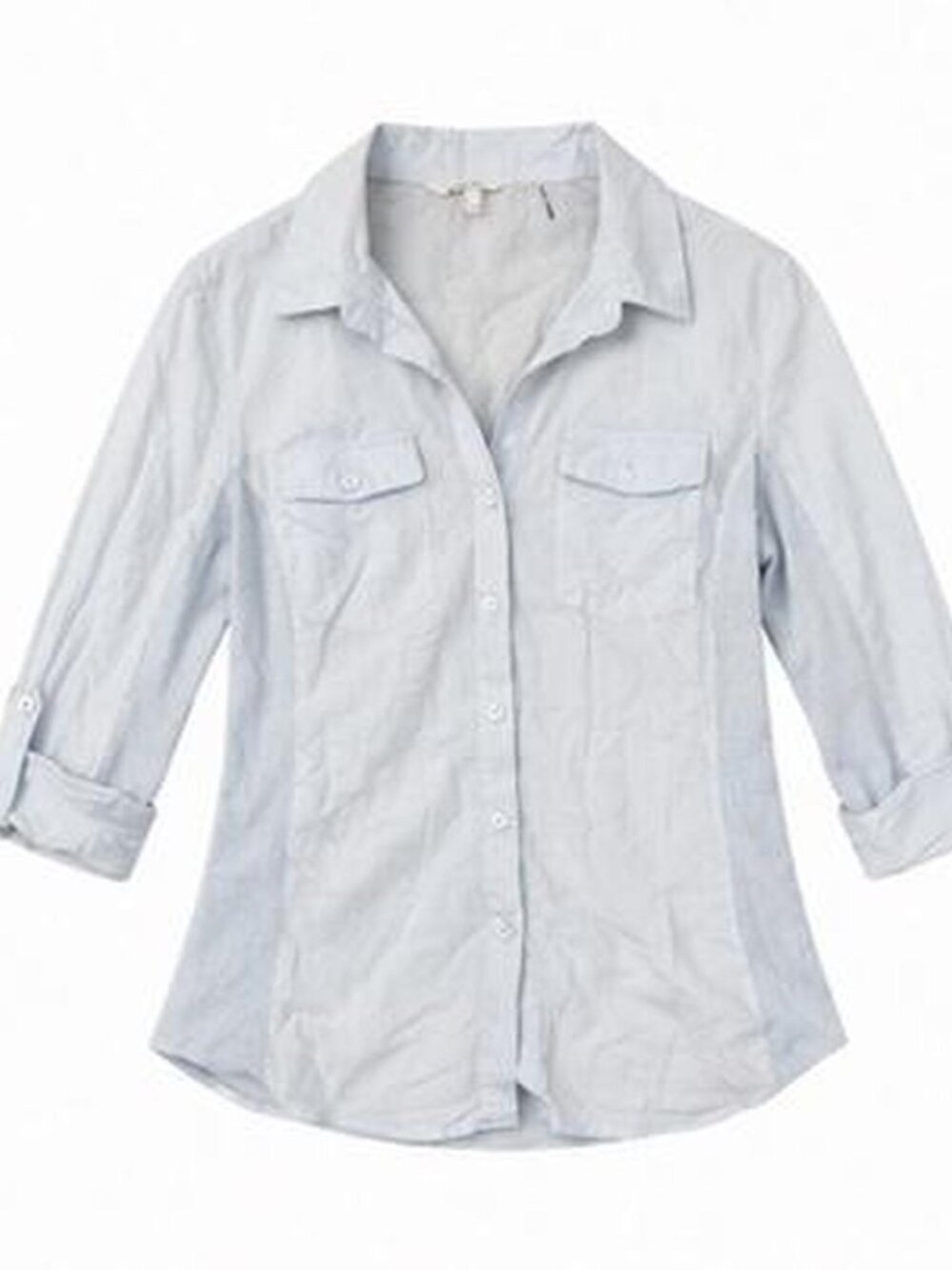 Light Blue Pinstripe Button Up Shirt Roll Sleeve Relaxed Fit Coastal Casual L
